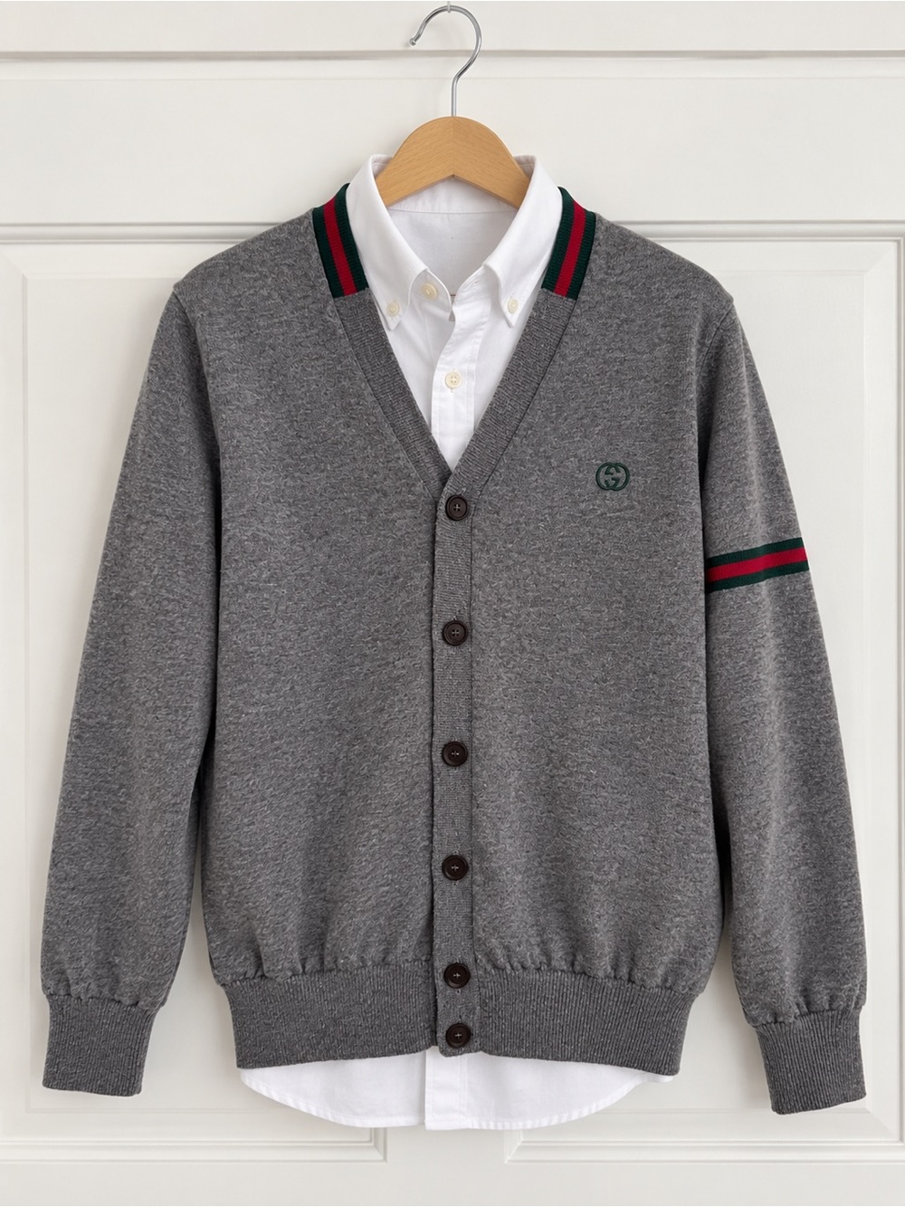 Gucci Boys' Grey Cardigan with Red & Green Trim